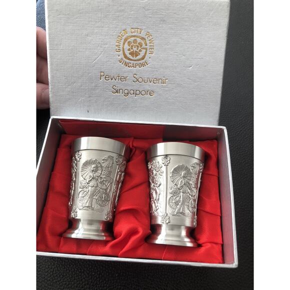 Garden City Pewter Singapore Shot Glasses Vintage New In Box Engraved - Picture 1 of 9